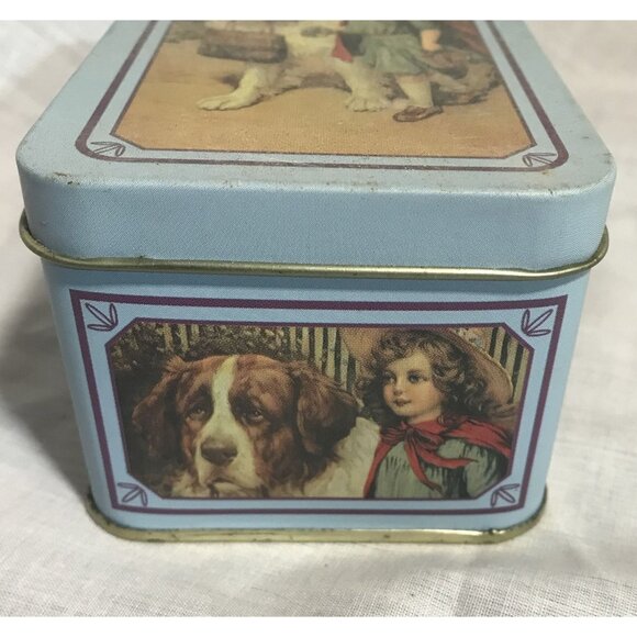 Vintage Tin Box With Girl & St. Bernard Dog Print Blue Trim Nostalgic 5" X 3 " - Picture 2 of 9